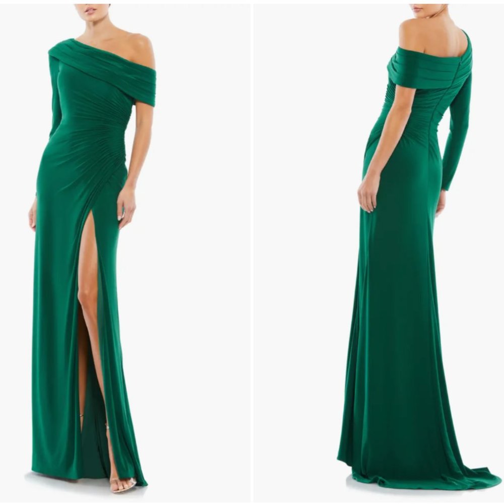 MAC DUGGAL 26570 FOLDOVER NECK ONE SHOULDER EMERALD GREEN JERSEY STRETCH GOWN  8